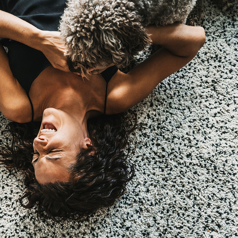 hilton carpets close up sofa woman with dog